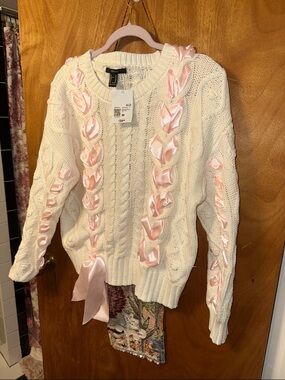 Forever 21 Cream Cable-Knit Crewneck Sweater with Pink Ribbon Trim